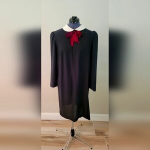 Vintage 60s Black Dress w White Collar and Red Bow Wednesday Goth Mod